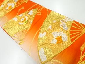 アンティーク 扇に花蝶模様織出し暈し袋帯(着用可)